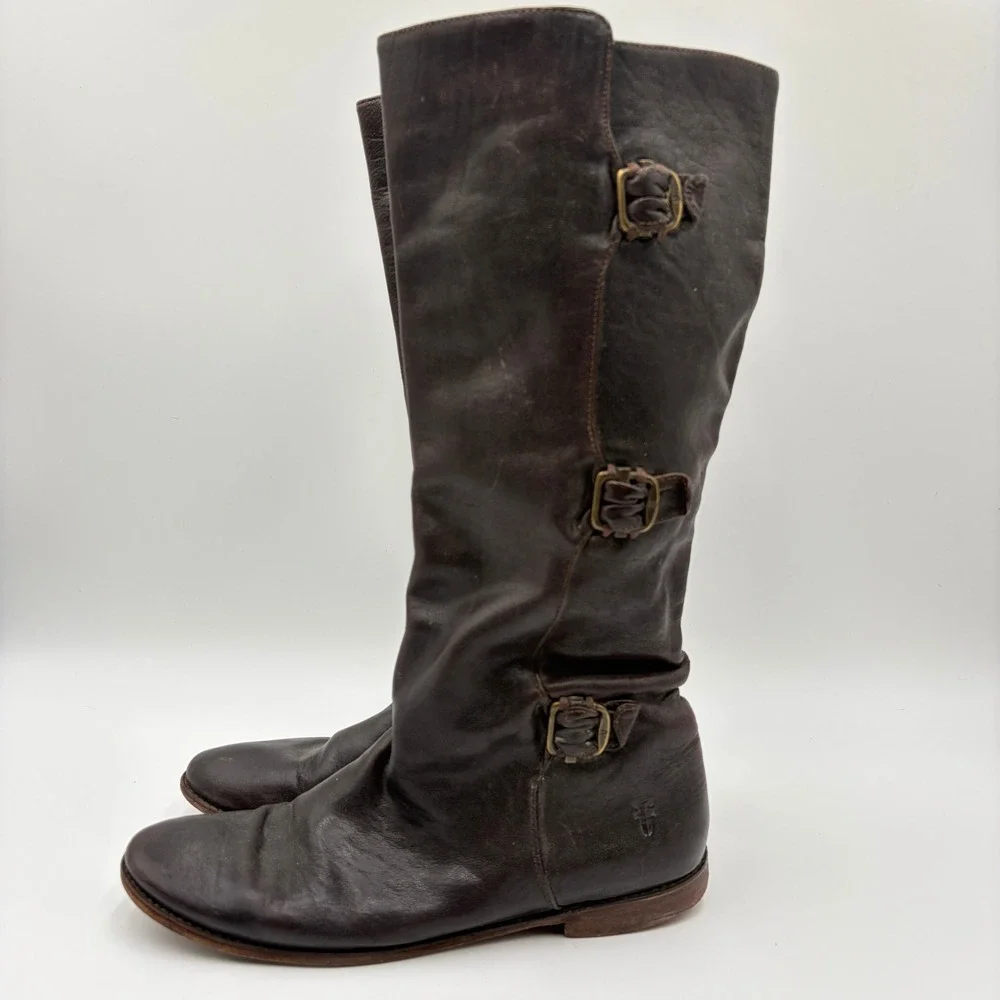 Frye Paige Buckle Tall Riding Leather Boots Women 10 Equestrian Old Money Preppy